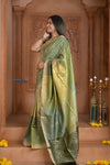 Shubh Lakshmi ~ Handloom High Quality Pure Soft Silk Saree in Shades of Green (Silk Mark Certified) - verymuchindian.com