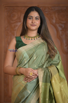 Shubh Lakshmi ~ Handloom High Quality Pure Soft Silk Saree in Shades of Green (Silk Mark Certified) - verymuchindian.com