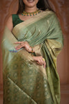 Shubh Lakshmi ~ Handloom High Quality Pure Soft Silk Saree in Shades of Green (Silk Mark Certified) - verymuchindian.com