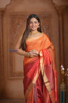Shubh Lakshmi ~ Handloom High Quality Pure Soft Silk Saree in Shades of Orange and Pink (Silk Mark Certified) - verymuchindian.com