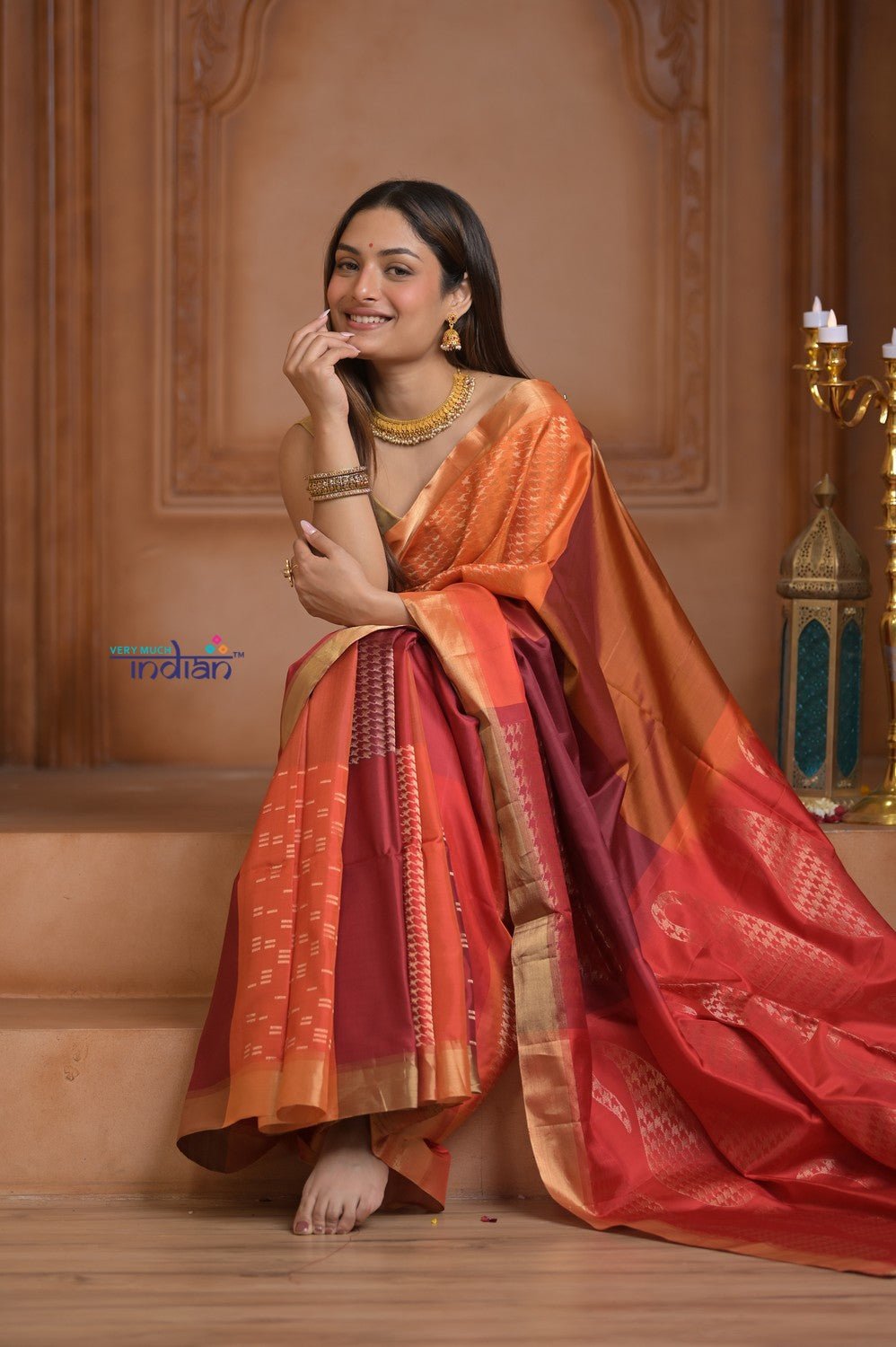 Shubh Lakshmi ~ Handloom High Quality Pure Soft Silk Saree in Shades of Orange and Pink (Silk Mark Certified) - verymuchindian.com