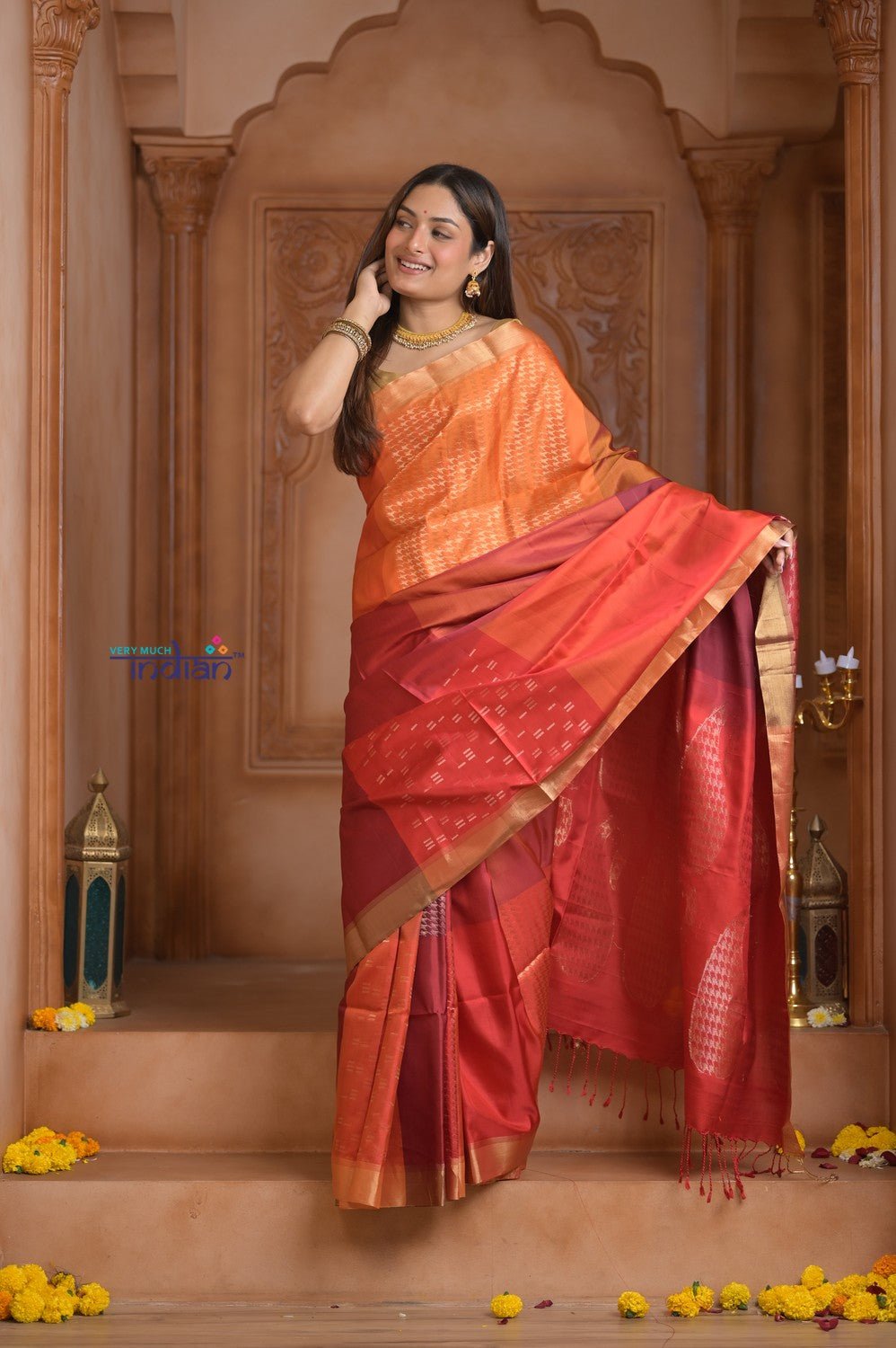 Shubh Lakshmi ~ Handloom High Quality Pure Soft Silk Saree in Shades of Orange and Pink (Silk Mark Certified) - verymuchindian.com