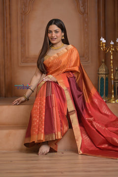 Shubh Lakshmi ~ Handloom High Quality Pure Soft Silk Saree in Shades of Orange and Pink (Silk Mark Certified) - verymuchindian.com