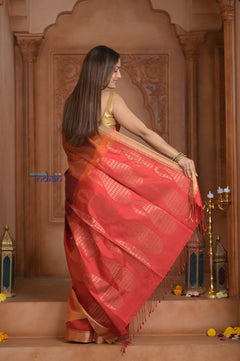 Shubh Lakshmi ~ Handloom High Quality Pure Soft Silk Saree in Shades of Orange and Pink (Silk Mark Certified) - verymuchindian.com