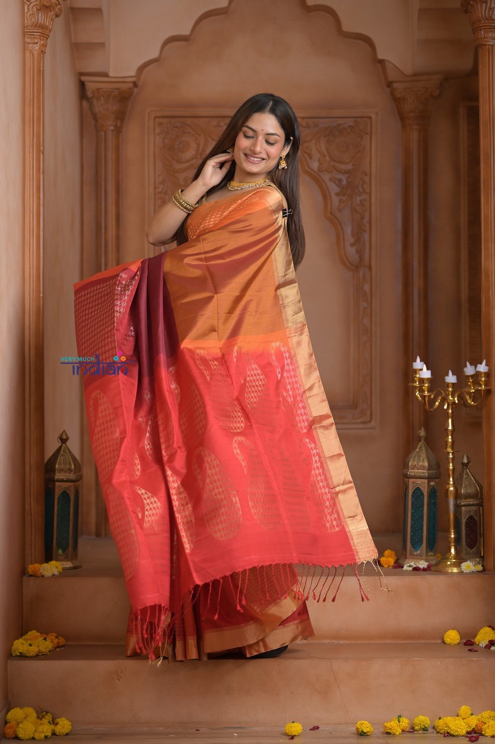 Shubh Lakshmi ~ Handloom High Quality Pure Soft Silk Saree in Shades of Orange and Pink (Silk Mark Certified) - verymuchindian.com