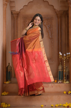 Shubh Lakshmi ~ Handloom High Quality Pure Soft Silk Saree in Shades of Orange and Pink (Silk Mark Certified) - verymuchindian.com
