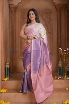 Shubh Lakshmi ~ Handloom High Quality Pure Soft Silk Saree in Shades of Pink and Lilac (Silk Mark Certified) - verymuchindian.com