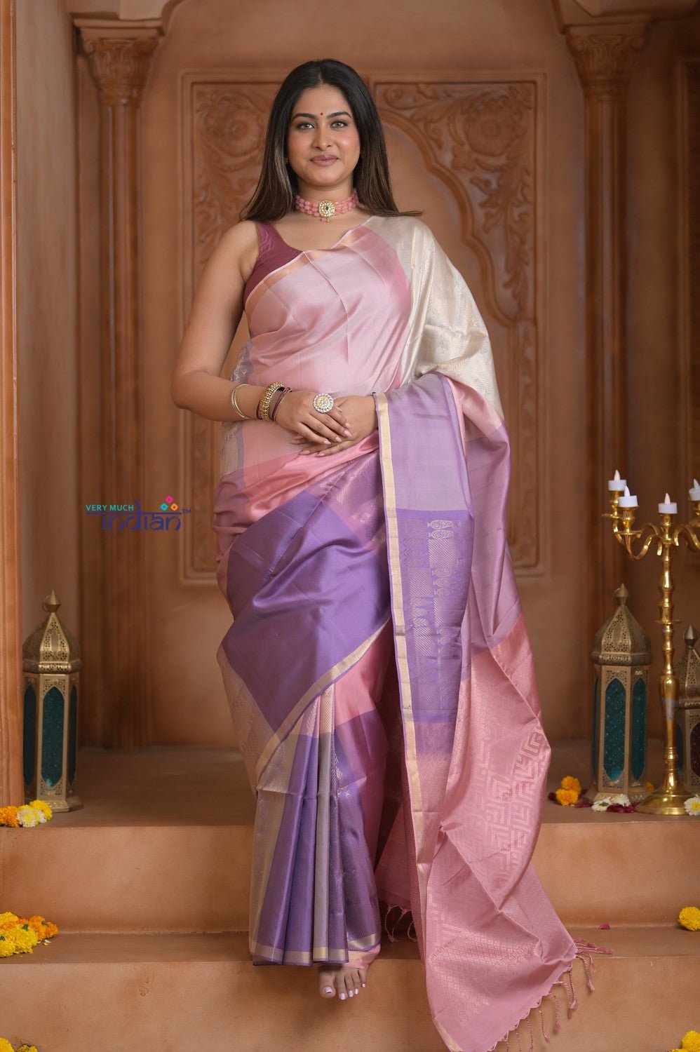 Shubh Lakshmi ~ Handloom High Quality Pure Soft Silk Saree in Shades of Pink and Lilac (Silk Mark Certified) - verymuchindian.com