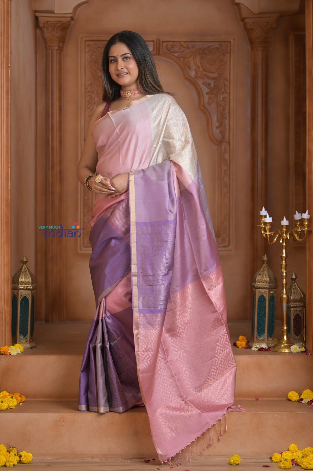 Shubh Lakshmi ~ Handloom High Quality Pure Soft Silk Saree in Shades of Pink and Lilac (Silk Mark Certified) - verymuchindian.com