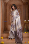 Shubh Lakshmi ~ Handloom High Quality Pure Soft Silk Saree in Shades of White (Silk Mark Certified) - verymuchindian.com