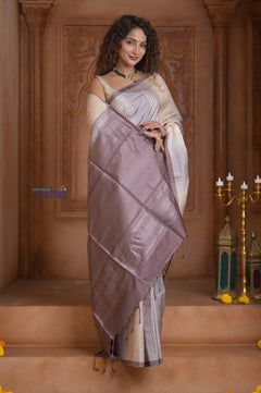 Shubh Lakshmi ~ Handloom High Quality Pure Soft Silk Saree in Shades of White (Silk Mark Certified) - verymuchindian.com