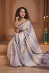 Shubh Lakshmi ~ Handloom High Quality Pure Soft Silk Saree in Shades of White (Silk Mark Certified) - verymuchindian.com