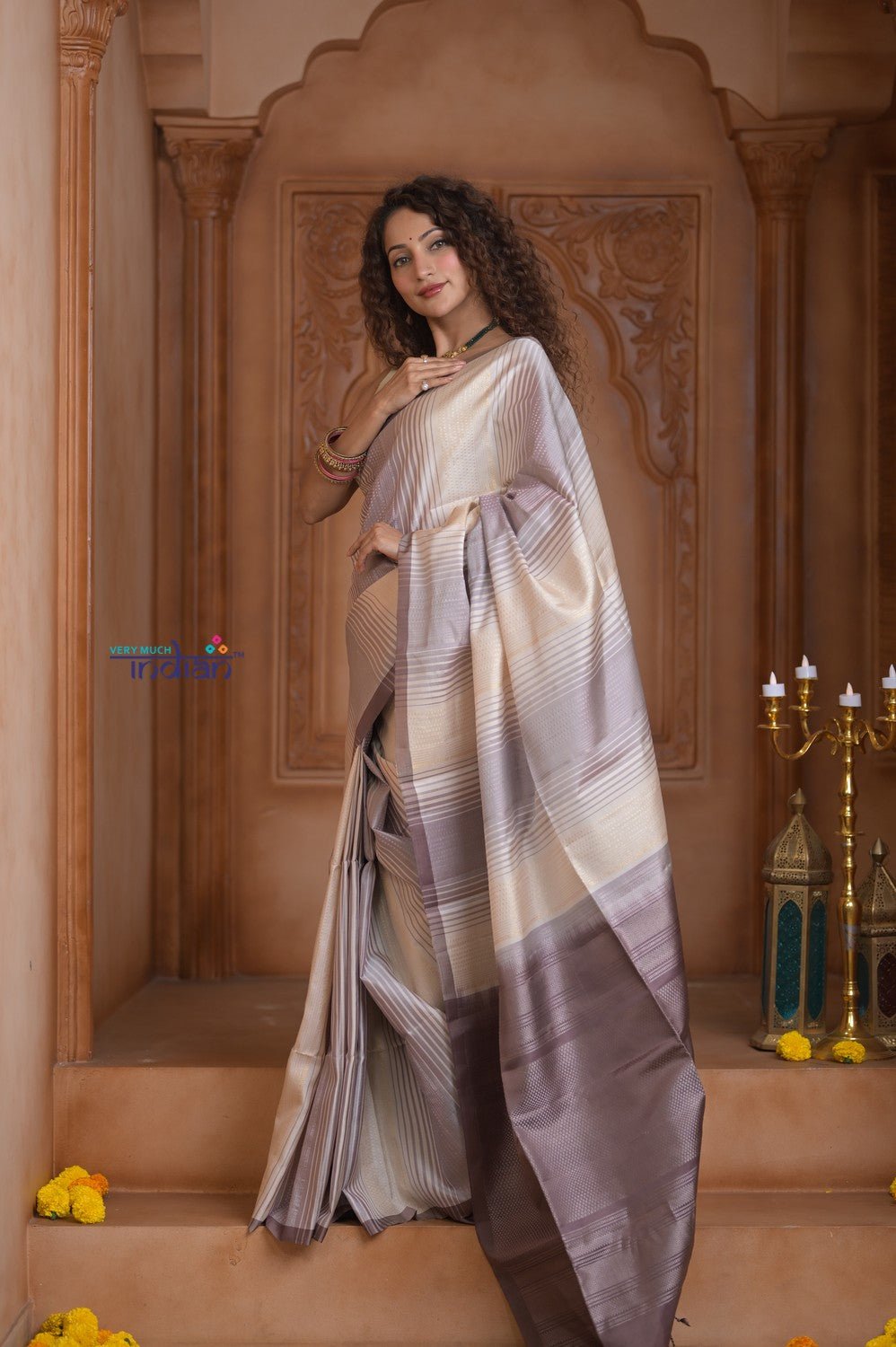 Shubh Lakshmi ~ Handloom High Quality Pure Soft Silk Saree in Shades of White (Silk Mark Certified) - verymuchindian.com