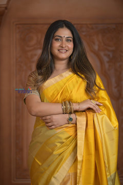 Shubh Lakshmi ~ Handloom High Quality Pure Soft Silk Saree in Shades of Yellow (Silk Mark Certified) - verymuchindian.com