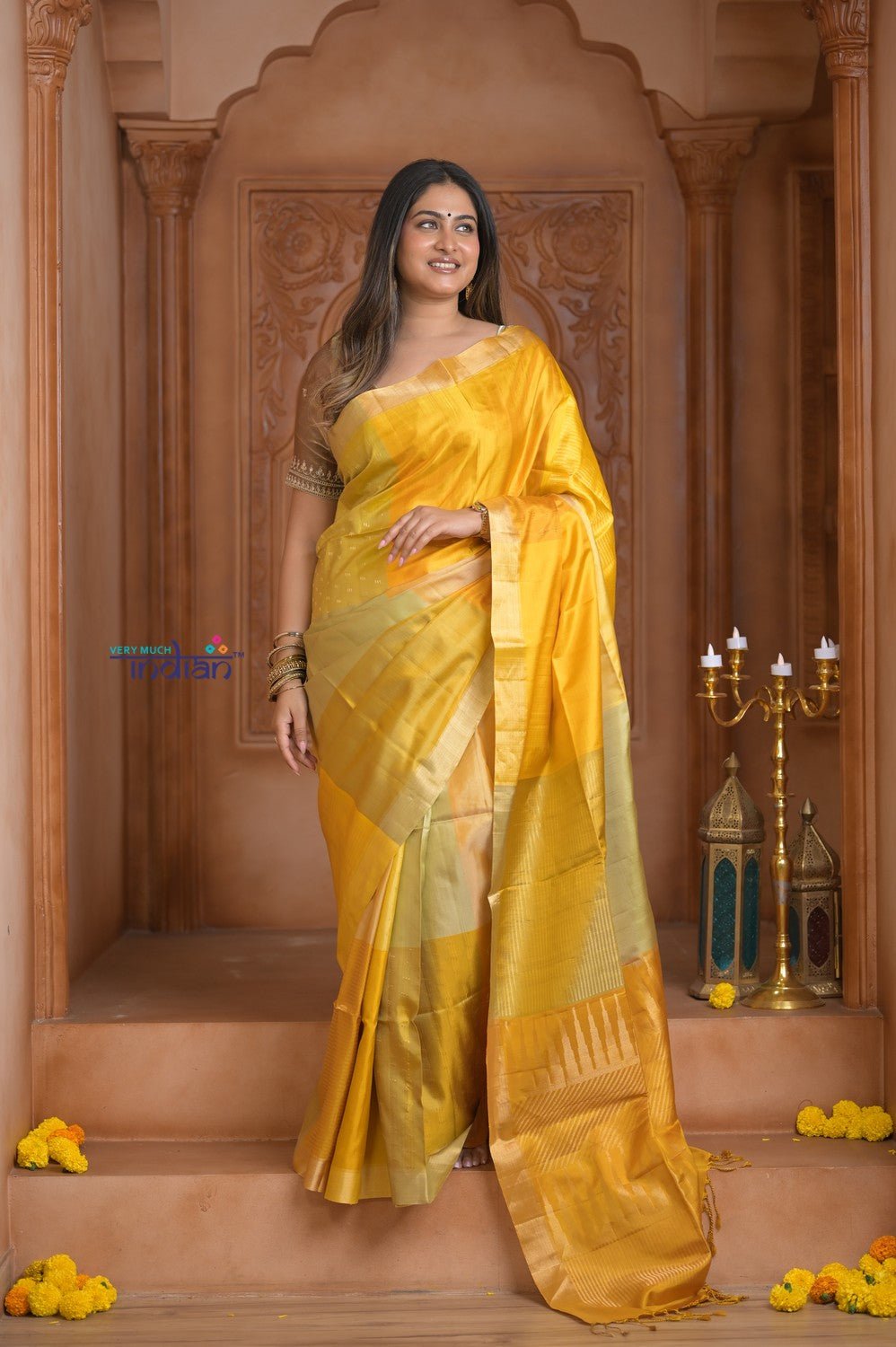 Shubh Lakshmi ~ Handloom High Quality Pure Soft Silk Saree in Shades of Yellow (Silk Mark Certified) - verymuchindian.com