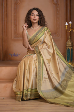 Shubh Lakshmi ~ Handloom High Quality Pure Soft Silk Saree in Slake White (Silk Mark Certified) - verymuchindian.com