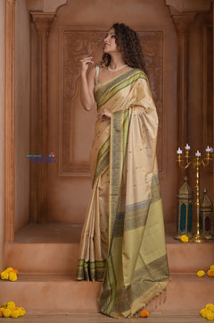 Shubh Lakshmi ~ Handloom High Quality Pure Soft Silk Saree in Slake White (Silk Mark Certified) - verymuchindian.com