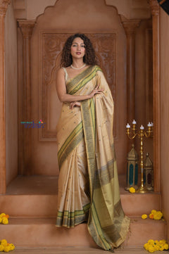 Shubh Lakshmi ~ Handloom High Quality Pure Soft Silk Saree in Slake White (Silk Mark Certified) - verymuchindian.com