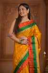 Shubh Lakshmi ~ Handloom High Quality Pure Soft Silk Saree in Turmeric Yellow with Tricolor Border (Silk Mark Certified) - verymuchindian.com