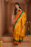 Shubh Lakshmi ~ Handloom High Quality Pure Soft Silk Saree in Turmeric Yellow with Tricolor Border (Silk Mark Certified) - verymuchindian.com