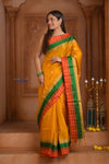 Shubh Lakshmi ~ Handloom High Quality Pure Soft Silk Saree in Turmeric Yellow with Tricolor Border (Silk Mark Certified) - verymuchindian.com