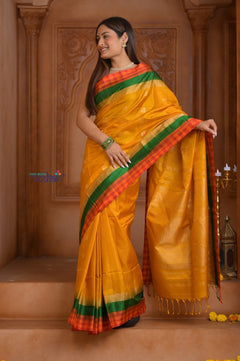 Shubh Lakshmi ~ Handloom High Quality Pure Soft Silk Saree in Turmeric Yellow with Tricolor Border (Silk Mark Certified) - verymuchindian.com