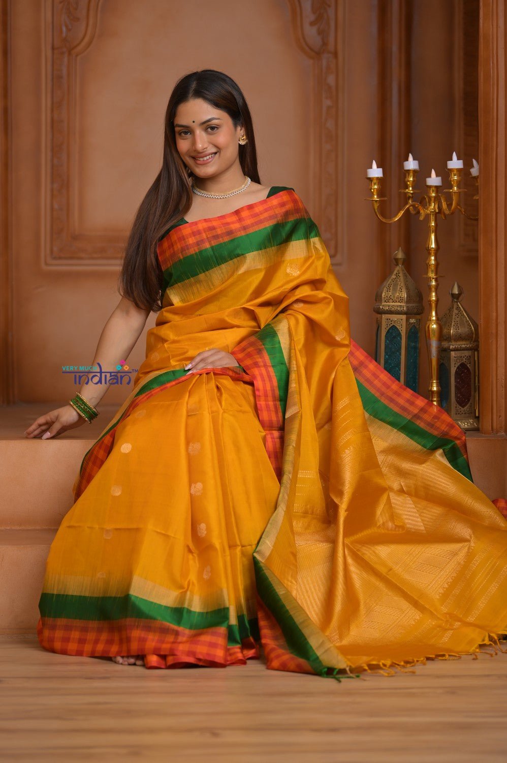 Shubh Lakshmi ~ Handloom High Quality Pure Soft Silk Saree in Turmeric Yellow with Tricolor Border (Silk Mark Certified) - verymuchindian.com