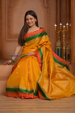 Shubh Lakshmi ~ Handloom High Quality Pure Soft Silk Saree in Turmeric Yellow with Tricolor Border (Silk Mark Certified) - verymuchindian.com