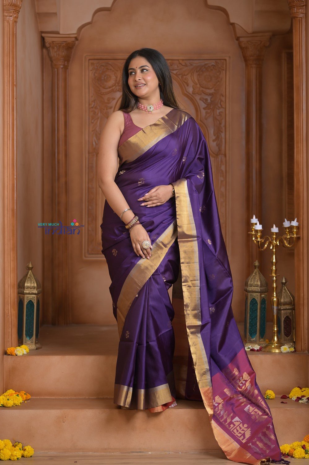 Shubh Lakshmi ~ Handloom High Quality Pure Soft Silk Saree in Violet and Golden (Silk Mark Certified) - verymuchindian.com