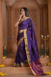 Shubh Lakshmi ~ Handloom High Quality Pure Soft Silk Saree in Violet and Golden (Silk Mark Certified) - verymuchindian.com