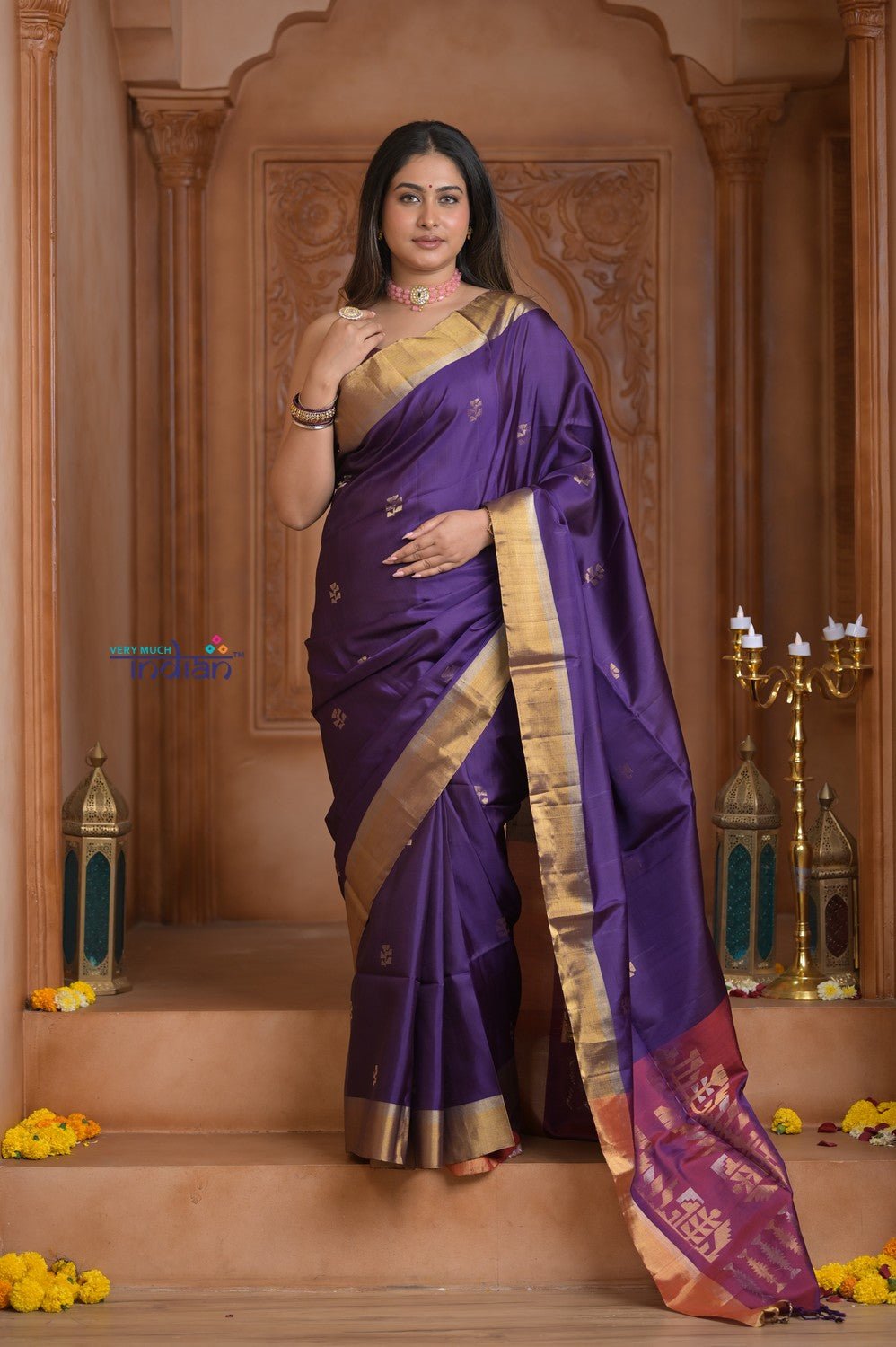 Shubh Lakshmi ~ Handloom High Quality Pure Soft Silk Saree in Violet and Golden (Silk Mark Certified) - verymuchindian.com