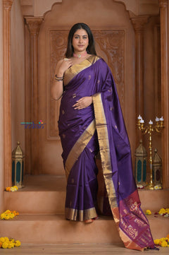 Shubh Lakshmi ~ Handloom High Quality Pure Soft Silk Saree in Violet and Golden (Silk Mark Certified) - verymuchindian.com