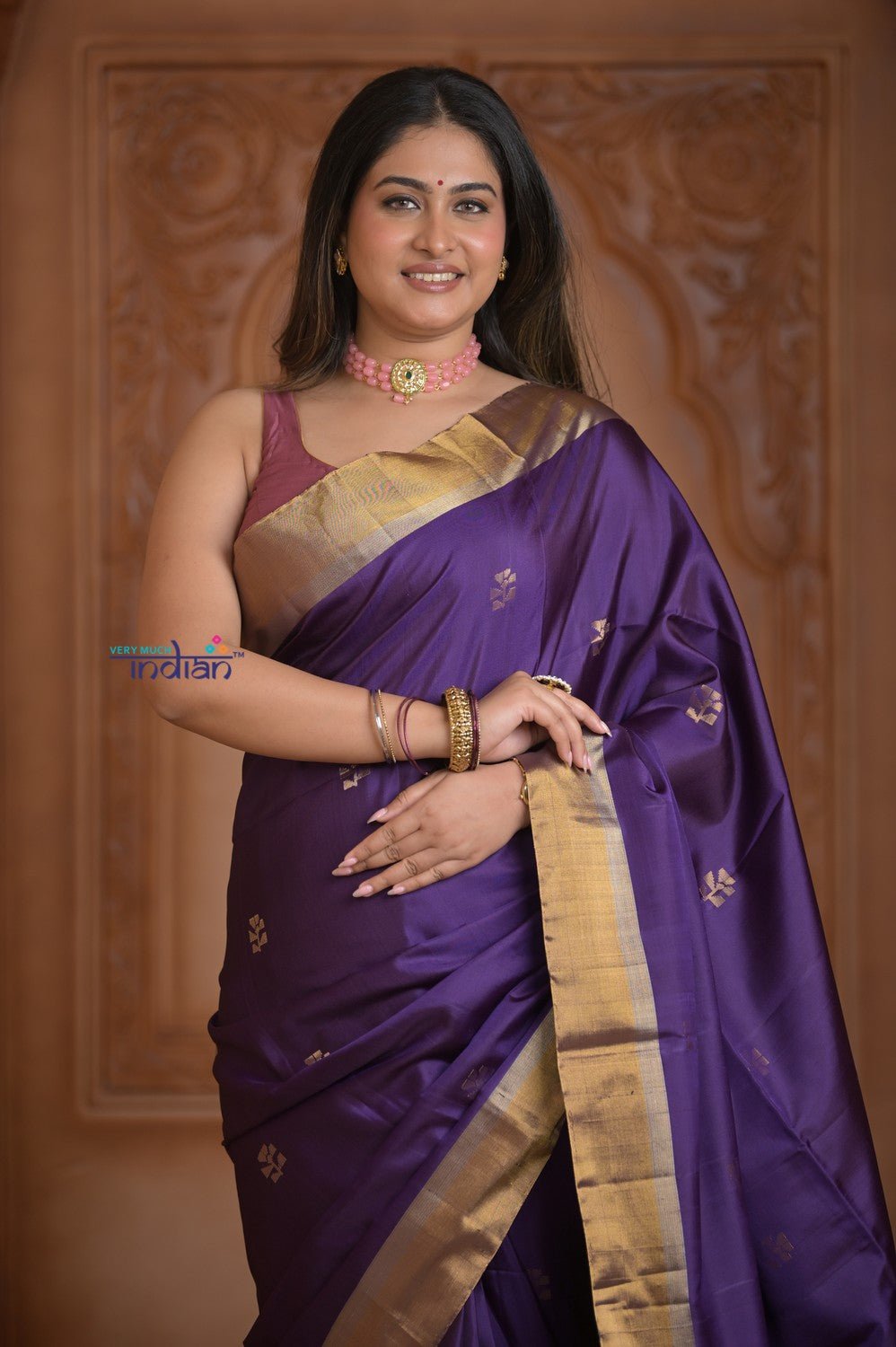 Shubh Lakshmi ~ Handloom High Quality Pure Soft Silk Saree in Violet and Golden (Silk Mark Certified) - verymuchindian.com