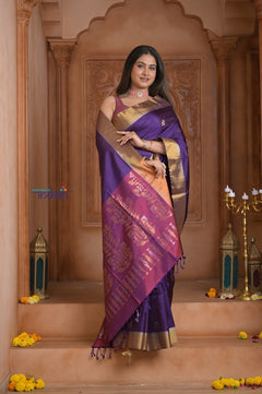Shubh Lakshmi ~ Handloom High Quality Pure Soft Silk Saree in Violet and Golden (Silk Mark Certified) - verymuchindian.com
