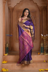Shubh Lakshmi ~ Handloom High Quality Pure Soft Silk Saree in Violet and Golden (Silk Mark Certified) - verymuchindian.com