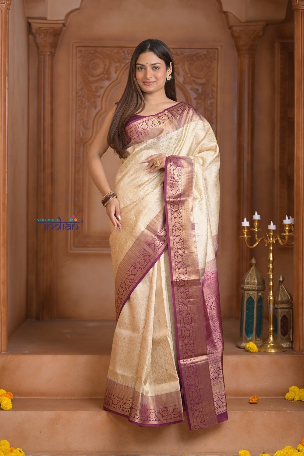 Shubh Lakshmi ~ Handloom High Quality Pure Soft Silk Saree in White and Mauve (Silk Mark Certified) - verymuchindian.com