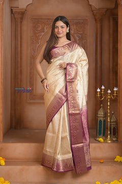 Shubh Lakshmi ~ Handloom High Quality Pure Soft Silk Saree in White and Mauve (Silk Mark Certified) - verymuchindian.com
