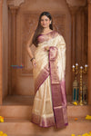 Shubh Lakshmi ~ Handloom High Quality Pure Soft Silk Saree in White and Mauve (Silk Mark Certified) - verymuchindian.com