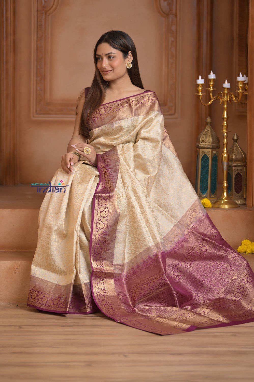 Shubh Lakshmi ~ Handloom High Quality Pure Soft Silk Saree in White and Mauve (Silk Mark Certified) - verymuchindian.com