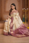 Shubh Lakshmi ~ Handloom High Quality Pure Soft Silk Saree in White and Mauve (Silk Mark Certified) - verymuchindian.com