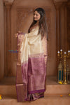 Shubh Lakshmi ~ Handloom High Quality Pure Soft Silk Saree in White and Mauve (Silk Mark Certified) - verymuchindian.com