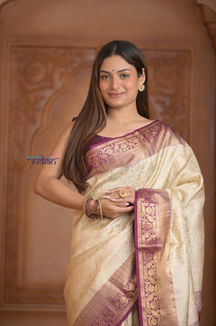 Shubh Lakshmi ~ Handloom High Quality Pure Soft Silk Saree in White and Mauve (Silk Mark Certified) - verymuchindian.com