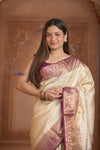 Shubh Lakshmi ~ Handloom High Quality Pure Soft Silk Saree in White and Mauve (Silk Mark Certified) - verymuchindian.com