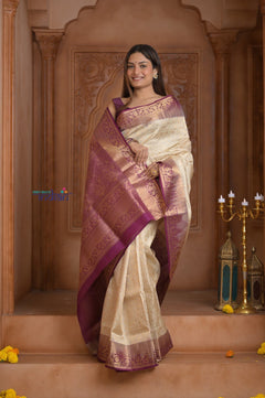 Shubh Lakshmi ~ Handloom High Quality Pure Soft Silk Saree in White and Mauve (Silk Mark Certified) - verymuchindian.com