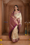 Shubh Lakshmi ~ Handloom High Quality Pure Soft Silk Saree in White and Mauve (Silk Mark Certified) - verymuchindian.com