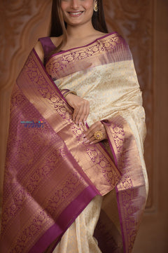 Shubh Lakshmi ~ Handloom High Quality Pure Soft Silk Saree in White and Mauve (Silk Mark Certified) - verymuchindian.com