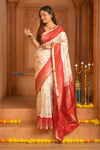 Shubh Lakshmi ~ Handloom High Quality Pure Soft Silk Saree in White and Red (Silk Mark Certified) - verymuchindian.com