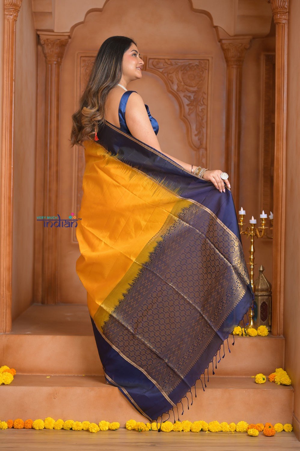 Shubh Lakshmi ~ Handloom High Quality Pure Soft Silk Saree in Yellow and Blue (Silk Mark Certified) - verymuchindian.com
