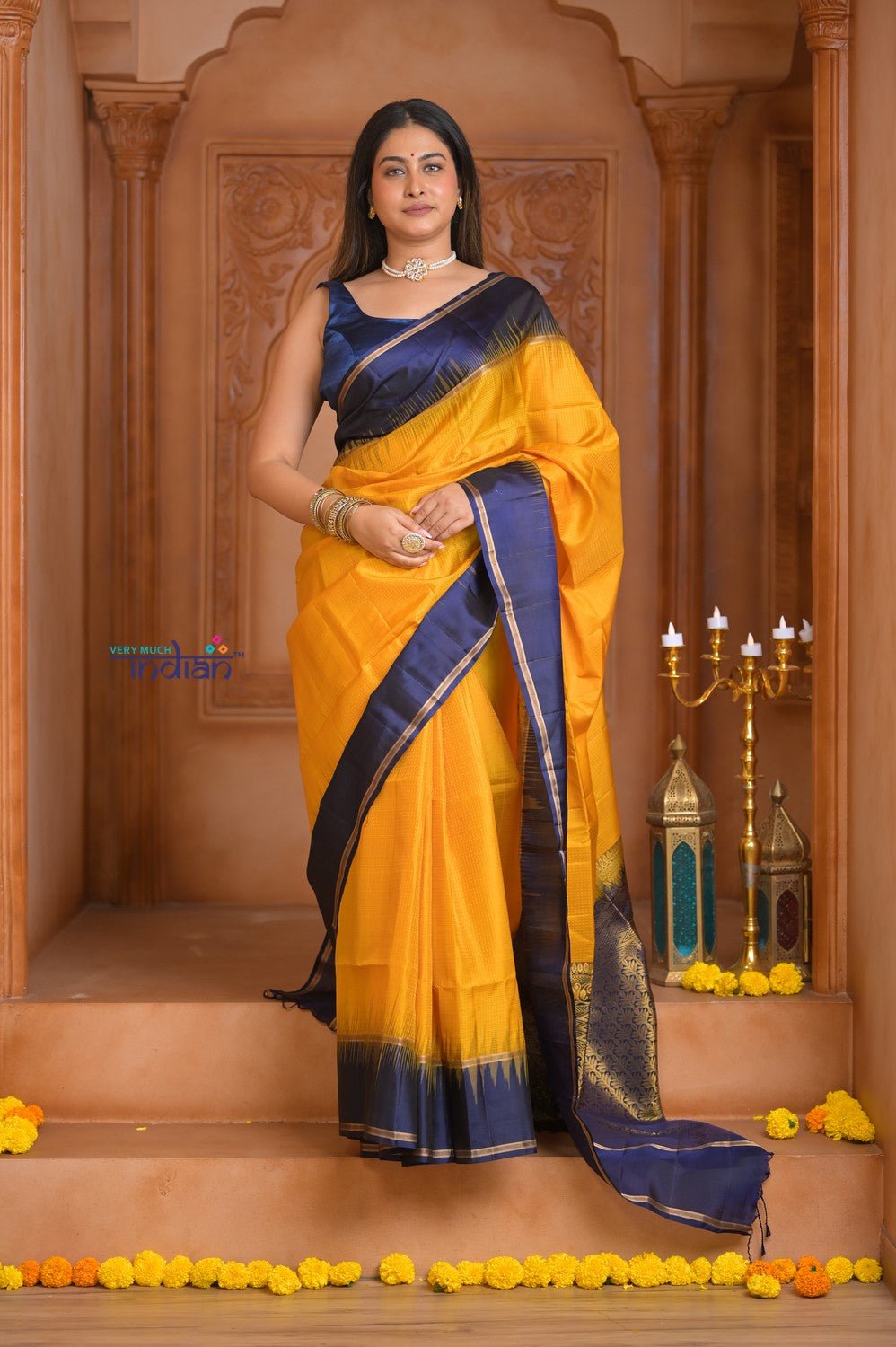 Shubh Lakshmi ~ Handloom High Quality Pure Soft Silk Saree in Yellow and Blue (Silk Mark Certified) - verymuchindian.com