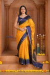 Shubh Lakshmi ~ Handloom High Quality Pure Soft Silk Saree in Yellow and Blue (Silk Mark Certified) - verymuchindian.com